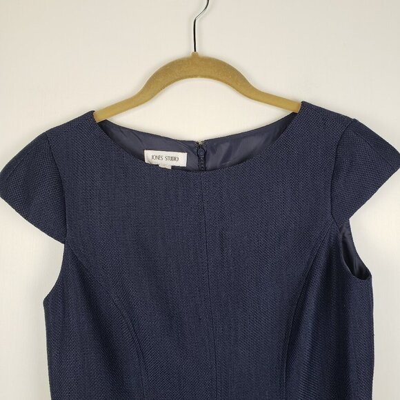 Jones Studio Cap Sleeve Swing Dress Navy Blue Woven Burlap A-Line Retro Size 4 - Picture 3 of 10